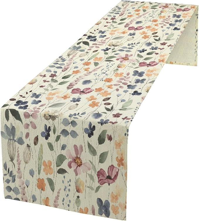 Watercolor Floral Table Runner, Vintage Colorful Floral Natural Style Pattern Decorative Home Restaurant Kitchen Rectangle Table Runner,13in(33cm) W * 90in(229cm) L