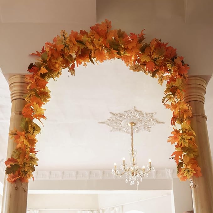 PARTY JOY 6PCS Orange Leaf Garland, 5.6Ft Halloween Garland Artificial Maple Leaf Autumn Hanging Fall Vines Thanksgiving Decorations Fall Decor