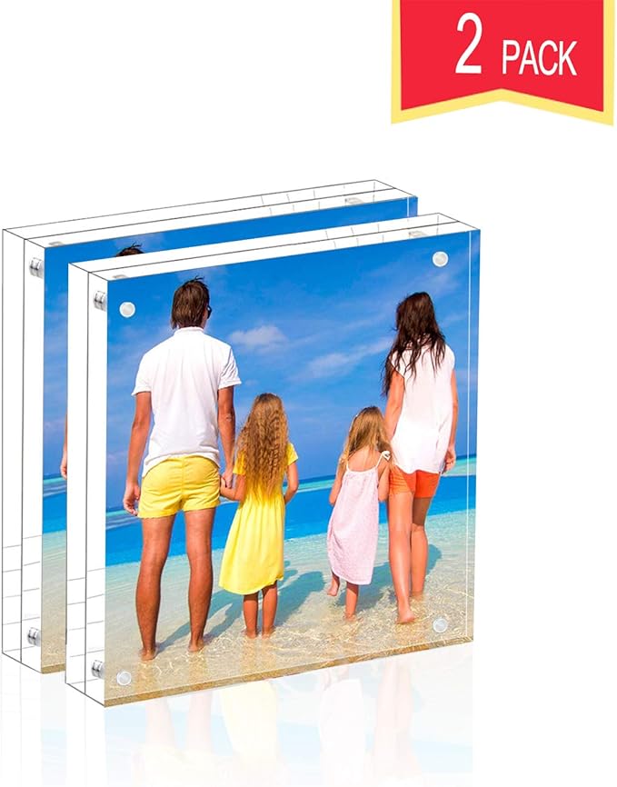 Meetu Acrylic 5x5 Picture Frame 2 Pack Clear Two Sided Desk Photo Frame Magnetic Frame Inner Size 4x4 with Gift Pack for Display Family Pictures Baby Photos Friends Pictures Pet Dog Picture