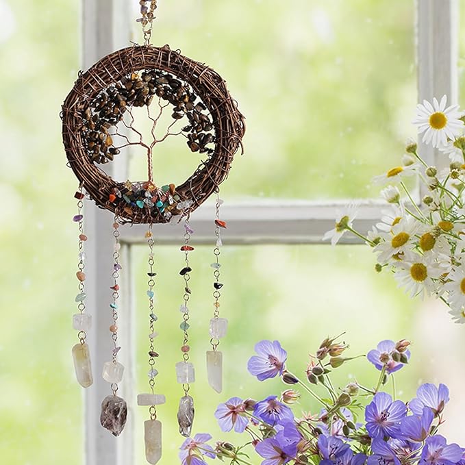 TUOKING Crystal Suncatchers for Window Tree of Life Brown Crystals Vine Wreath Sun Catchers Rainbow Maker Ornament Gift Home Garden Decoration