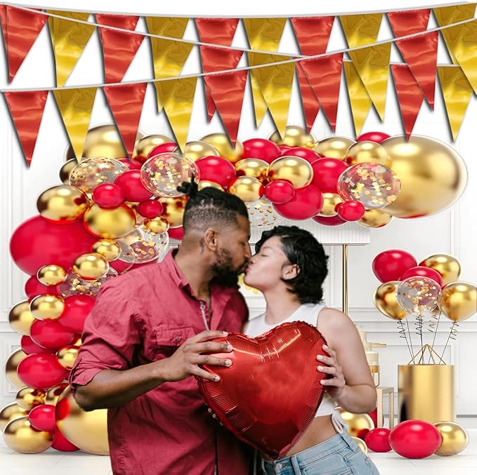 20M/65FT Red Gold Triangle Pennant Banner Flag Metallic Fabric Bunting Garland for Christmas Graduation Anniversary Birthday Engagement Wedding Anniversary Casino Party Decorations Supplies
