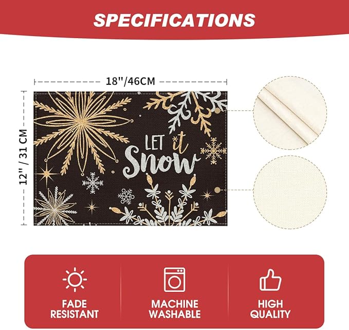 Artoid Mode Black Snowflake Let It Snow Winter Placemats Set of 6, 12x18 Inch Seasonal Christmas Table Mats for Party Kitchen Dining Decoration