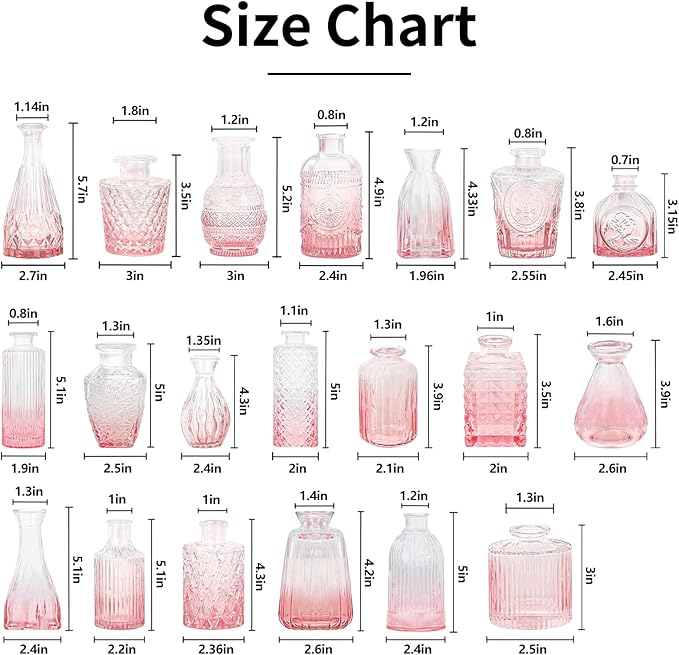 Pink Glass Bud Vases Set of 20 - Mini Vintage Vases for Wedding Decorations Home Table Flower Decor, Small Carved Design Glass for Centerpieces