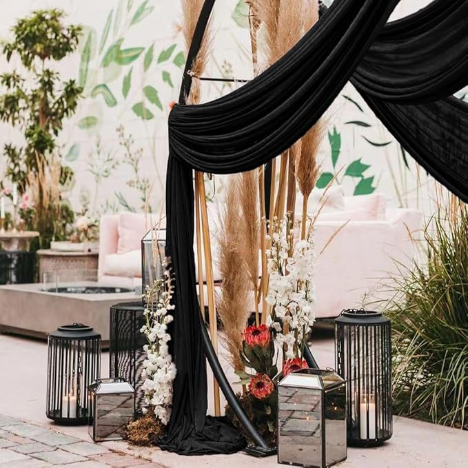 Wedding Arch Draping Fabric 2 Panels 30'' x 18FT Black Sheer Chiffon Arch Drapery for Photo Booth Bridal Shower Baby Shower Church Decor Newborn Photography Christening Outdoor Party