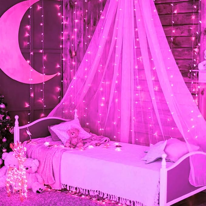 JMEXSUSS 300 LED Curtain Lights Plug in with Remote, 9.8X9.8FT Pink Christmas Lights Indoor, 8 Modes Pink String Lights for Bedroom Window Wall Party Backdrop Xmas Valentine Decorations