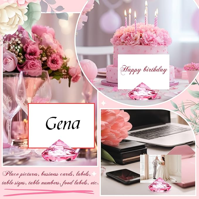 Boao 24 Pack Diamond Place Card Holders Acrylic Table Number Holder Card Stands Crystal Diamond Party Decorations Favor for Weddings Home Table(Pink)