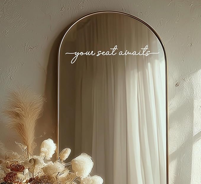 Your Seat Awaits Vinyl Decal, Wedding Seating Sticker, Mirror Decal for Seating, Please Find Your Seat Signs, Wedding Decor Sign (White, Width 17")