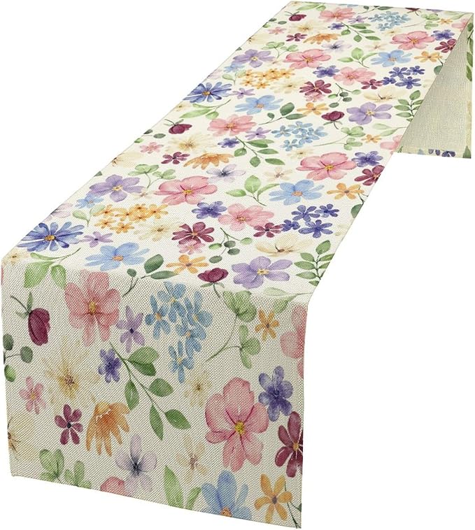 Floral Decorative Table Runner, Watercolor Floral Botanical Rustic Modern Style Pattern Printed Long Table Runner for Restaurant Kitchen Party,13in(33cm) W * 90in(229cm) L