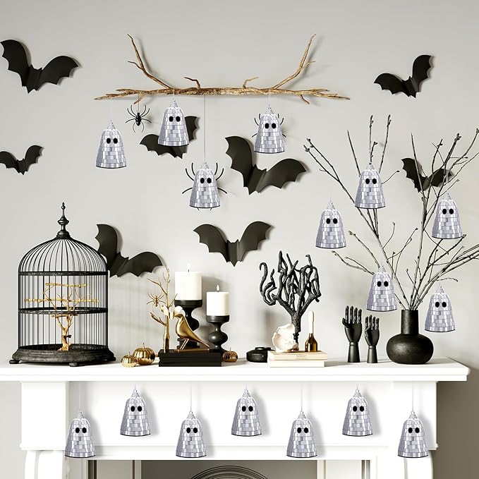12 Pcs Halloween Disco Ghosts Decor Halloween Ornament Silver Mirror Disco Skeleton Tabletop Centerpiece for Holiday Cosplay Home Props Gift Party Decorations (Sliver)