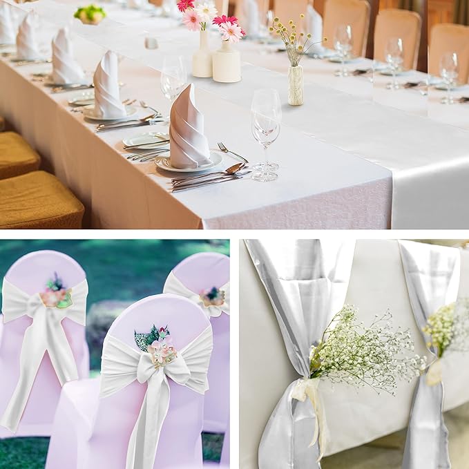 Aneco 12 Pack Satin Table Runner 12 x 108 Inch White Long Wedding Satin Silk Table Runner for Wedding Banquet Graduations Birthday Party Decoration