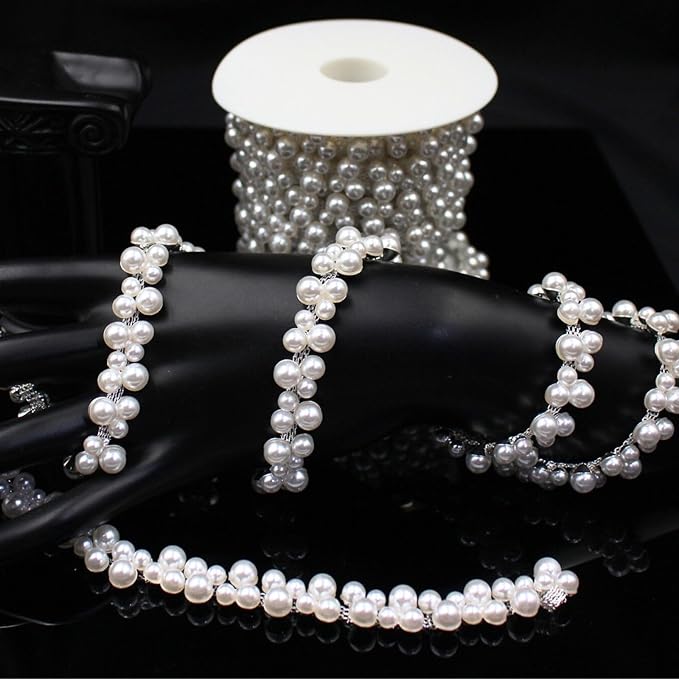 2 Yard Pearl Trim Chain String Silver Applique Fringe Ribbon Strips Beads Sewing Dress DIY Party Wedding Bouquet for Decoration Bridal Costume Embellishment