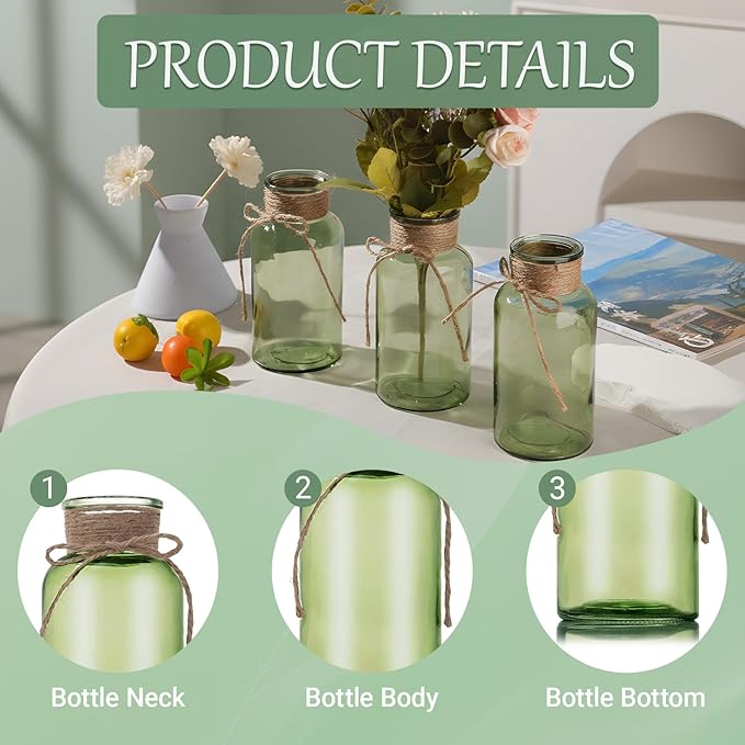 Green Glass Flower Vases for Centerpieces Set of 6, Mason Jars Boho Cylinder Bud Vases in Bulk, for Weddings Parties Vintage Home Decor