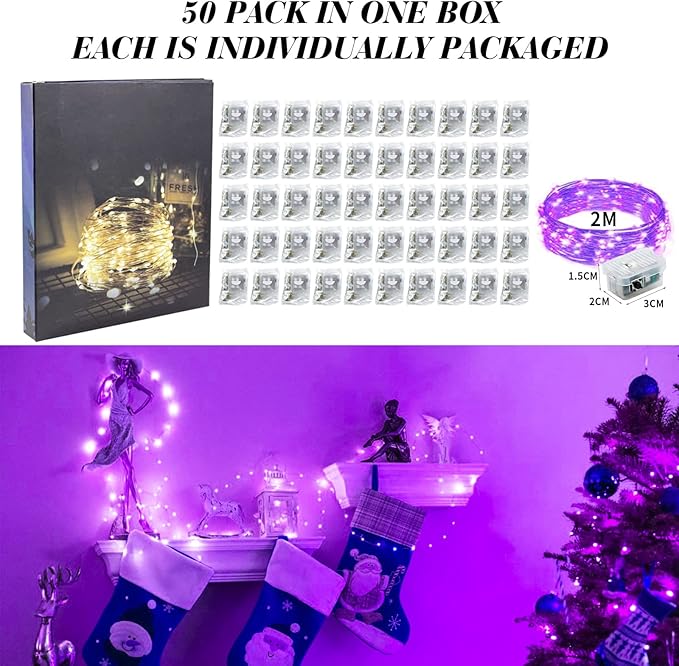 ZGWJ 50 Pack Fairy Lights Battery Operated, 7ft 20 Mini LED Fairy String Lights Silver Wire 3 Modes for DIY, Parties, Wedding, Bedroom, Halloween Christmas Decoration Purple
