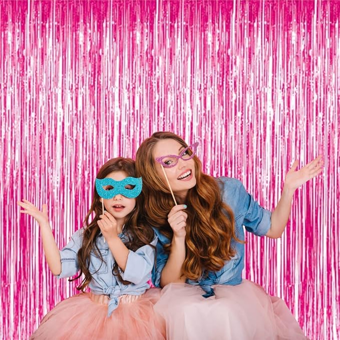 GOER 6.4 ft x 8.2 ft Metallic Tinsel Foil Fringe Curtains,Pack of 2 Party Streamer Backdrop for Galentines Day,Birthday,Graduation Decorations and New Year Eve (Hot Pink)