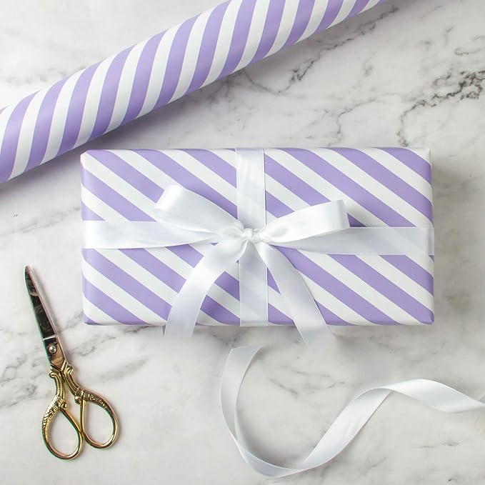 WRAPAHOLIC Reversible Wrapping Paper - Mini Roll - 17 Inch x 33 Feet - Purple and Stripes Design for Birthday, Wedding, Baby Shower, Holiday