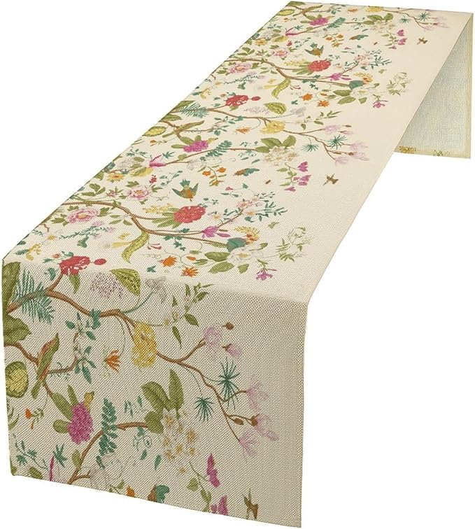 Floral Table Runner, Vintage Birds Wildflowers Herbs Nature Theme Linen Long Table Kitchen Dining Table Holiday Party Decorative Table Runner,13in(33cm) W * 90in(229cm) L