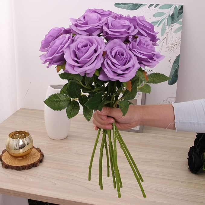 Artificial Rose 10pcs Open Flower Bouquet Faux Rose Stems for Wedding Arrangement, Bridal Bouquet, Centerpiece, Fake Faux Silk Flowers (Lilac)