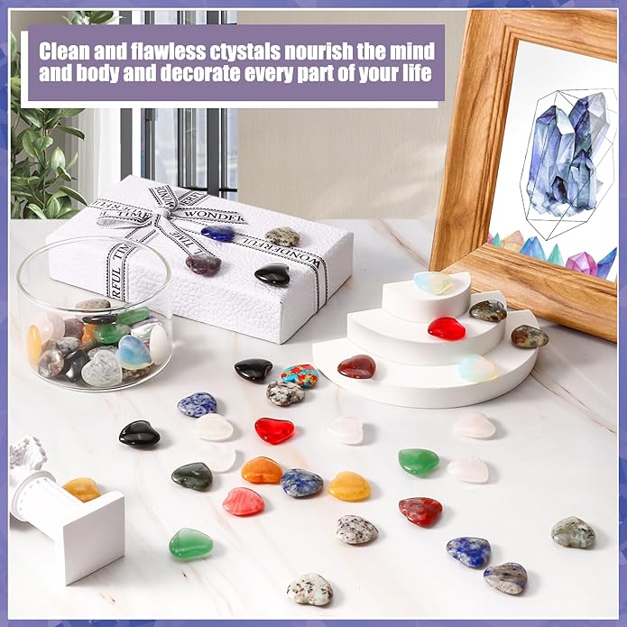 100PCS Worry Stones Heart Shape Healing Crystals, Anxiety Crystal Bulk 0.8 Inch Gem Stones Rocks Crystals Natural Cute Pocket Meditation Heart Beads Wholesale Set Gifts