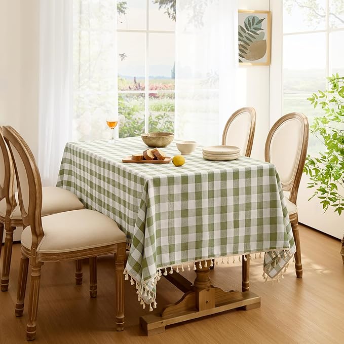 Softalker Checkered Tablecloth Rectangle, Heavy Weight Linen Gingham Christmas Table Cloth with Tassel, Washable Wrinkle Free Buffalo Plaid Table Cover for Dining/Party/Home - 55 x 84 Inch, Sage