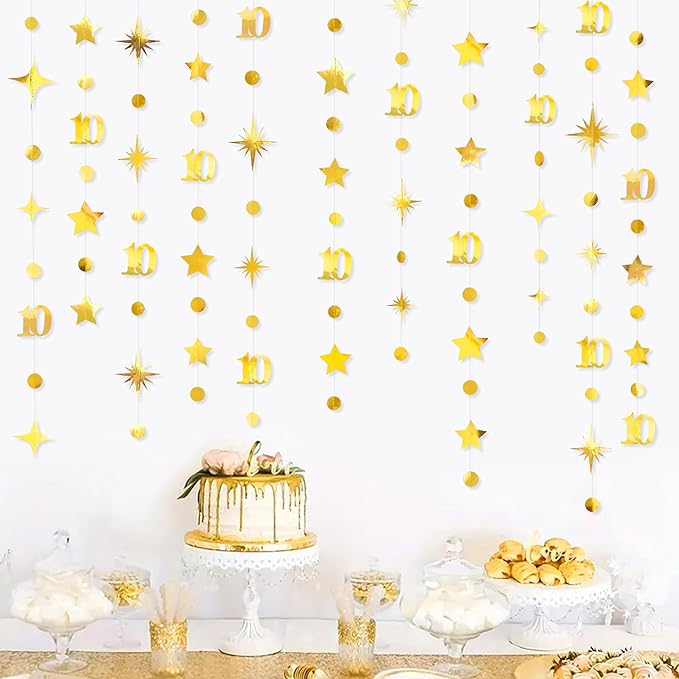 Gold 10th Birthday Decorations Number 10 Circle Dot Twinkle Star Garland Metallic Hanging Streamer Banner Backdrop for Girls Boys Double Digits Ten Year Old Birthday 10th Anniversary Party Supplies