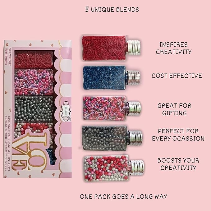 Confect Edible Sprinkles for Cake Decorating - Red Jimmies, Blush Pink Red Gun Metal Silver Pearl Mix with Navy Sparkling Sugar | Vegan, Gluten-Free, Dessert Topping - 5 Oz