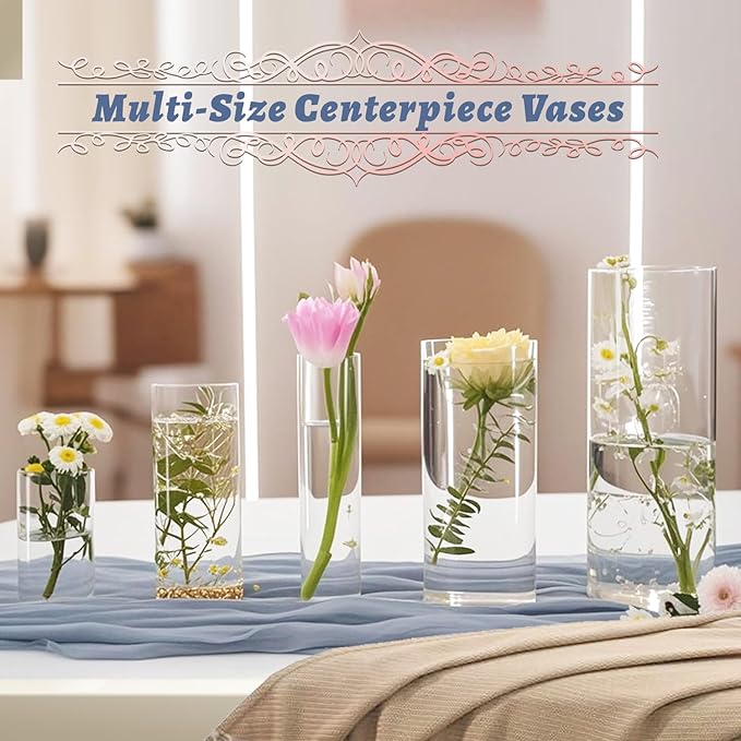 5pcs Glass Vase Cylinder Vases for Centerpieces Small Flower Glass Vases Home Decor Centerpiece Table Clear Flower Vase Decorations for Wedding&Holiday 4,6,7.5,8,10 Inch Tall