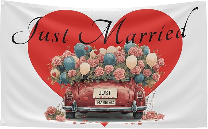 Heart Just Married Flag Banner Outdoor Indoor Decoration Flag 3x5 FT Double Stitched Polyester with Brass Grommets (White)