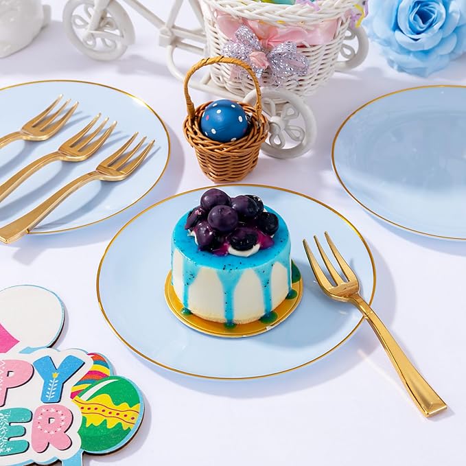 Festiva 200Pcs Blue Gold Cake Plates 6.3" with Plastic Forks 5"- Disposable Blue Dessert/Appetizer/Salad Plates- serve 100 guests for Party&Wedding&Easter