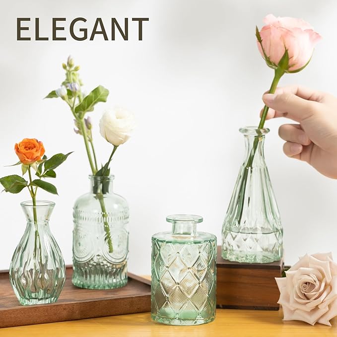 Vintage Small Glass Vases Set of 10,Mini Bud Vases for Flowers,Amber Glass Vases for Centerpieces,Wedding Decorations,Home Table Flower Decor(Sage Green)