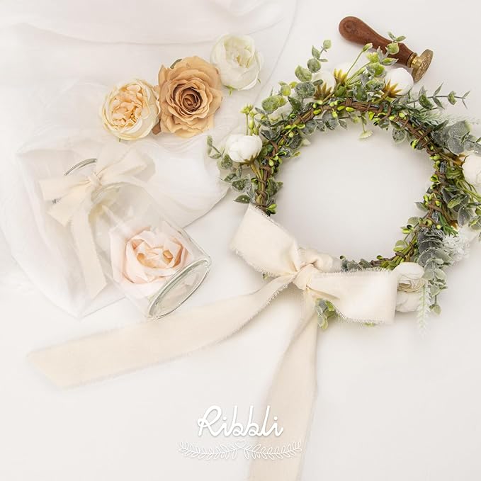 Ribbli 3 Rolls Ivory Ribbon 5/8 Inch x 18Yards Cream White Handmade Cotton Frayed Fringe Ribbons for Wrapping Wedding Invites Bridal Bouquets Baby Shower DIY Crafts Home Decor
