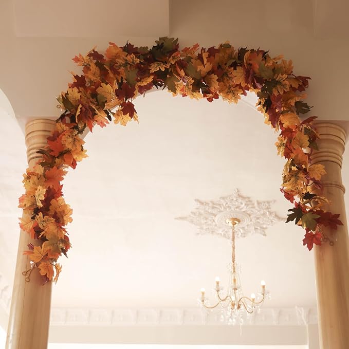 PARTY JOY 6PCS Orange Leaf Garland, 5.6Ft Halloween Garland Artificial Maple Leaf Autumn Hanging Fall Vines Thanksgiving Decorations Fall Decor