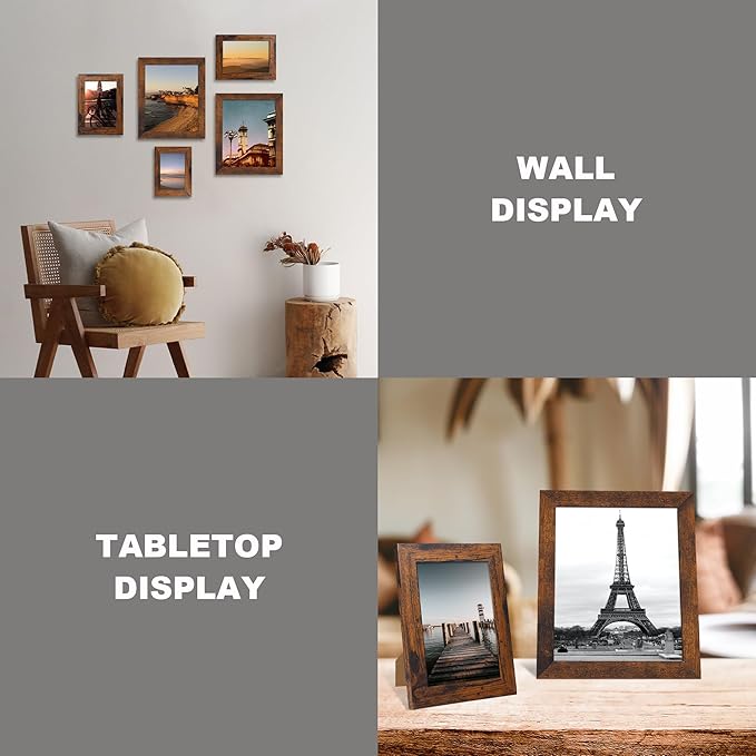 4x6 Picture Frame Set of 4, High Definition Glass 4 x 6 Frame, Wood Rustic Photo Frames for Horizontal or Vertical Display Tabletop and Wall Mounting