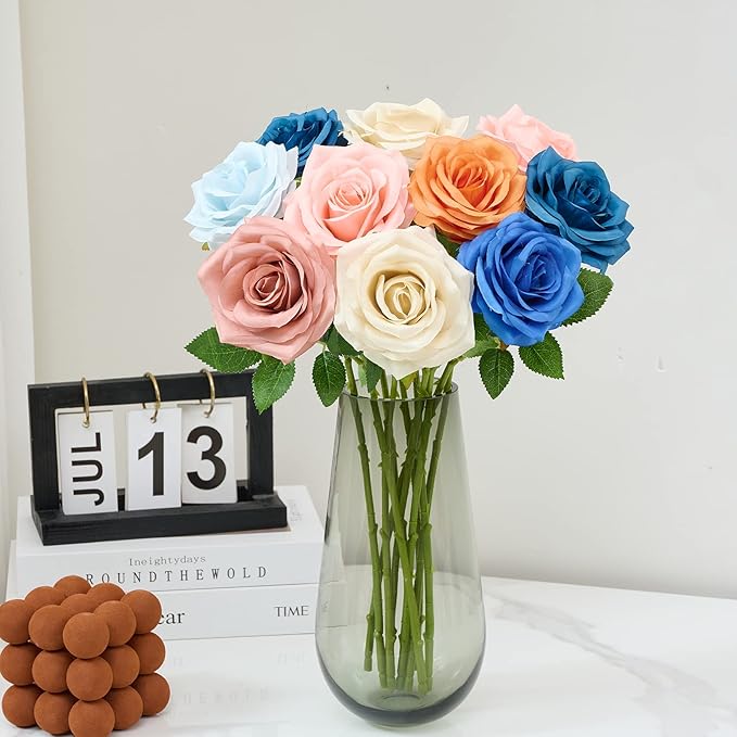 Artificial Rose 10pcs Orange Open Flower Bouquet Faux Rose Stems for Wedding Arrangement, Bridal Bouquet, Centerpiece, Fake Faux Silk Flowers