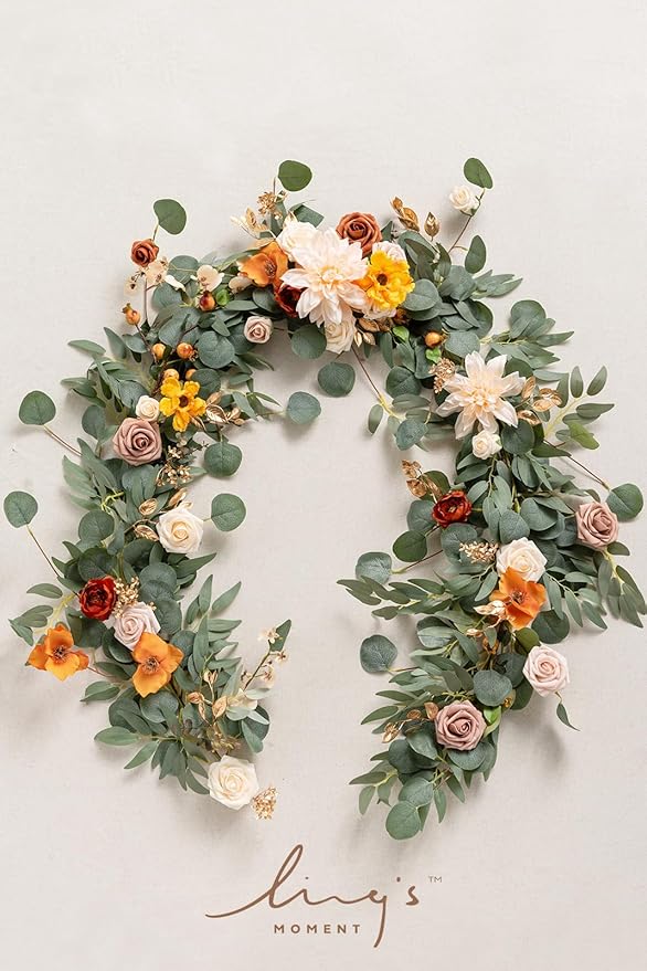 Ling's Moment Fall Flower Garland - 6FT Eucalyptus & Rose - Sweetheart Table Decor for Wedding Reception, Artificial Floral Garland for Mantle, Thanksgiving, Christmas Decoration, Sunset Terracotta