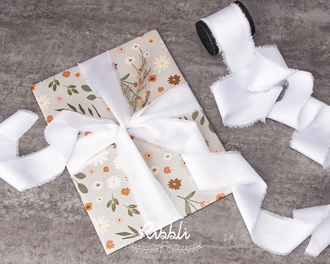 Ribbli White Silk Satin Ribbon 1.5 Inch x 12 Yard Handmade Frayed Chiffon Ribbon with Wooden Spool for Gift Wrapping, Wedding Invitations, Bridal Bouquets, Home Decor