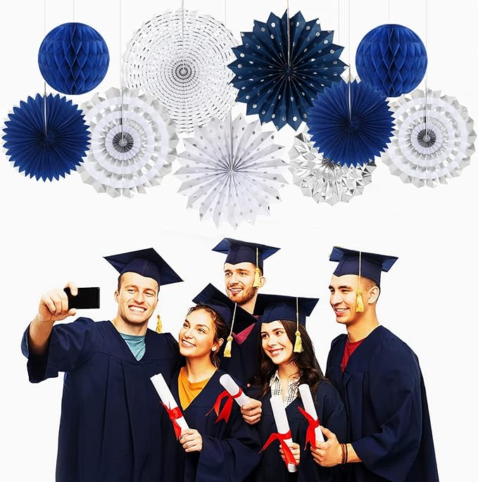 Navy-Blue White-Silver Graduation Party-Decorations - 33pcs Kits Banner, Streamers Tassel Garland,Tissue Pom Poms Honeycomb, Paper Lantern Fans,Wedding Birthday Baby Shower Backdrop Decor Hugtmr
