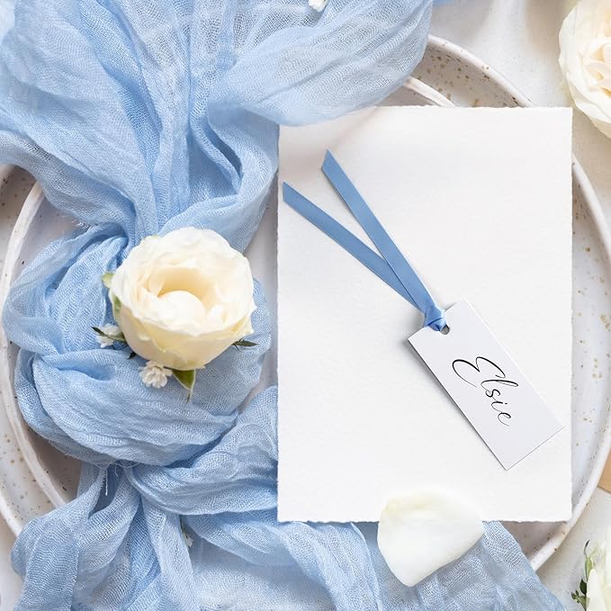 50 Pcs Name Place Cards for Table Setting Blank Wedding Place Cards with Satin Ribbon 1.57 x 3.54 Inch Hanging Gift Tags for Wedding Dinner Banquet Party Table Setting Supplies(Blue)