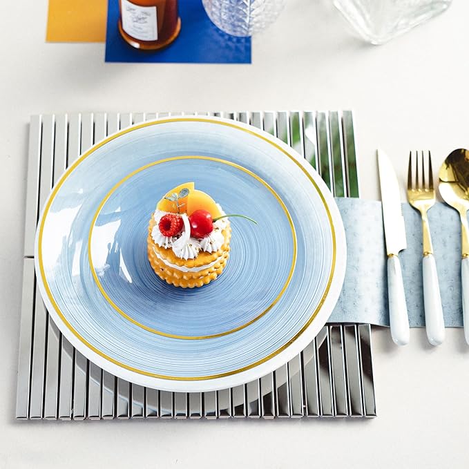 100PCS Transparent Blue Gold Plastic Plates, 7 Inch Heavy Duty Disposable Dessert Plate with Gold Rim, Round Appetizer/Salad Plates for Wedding, Party, Camping, Picnic