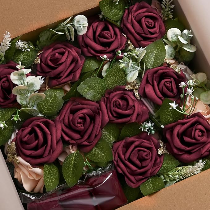 Wedding Aisle Decorations for Wedding Ceremony Set of 10 Pew Flowers for Church Chair Decorations Party Decor with Artificial Flowers Eucalyptus and Ribbons Burgundy