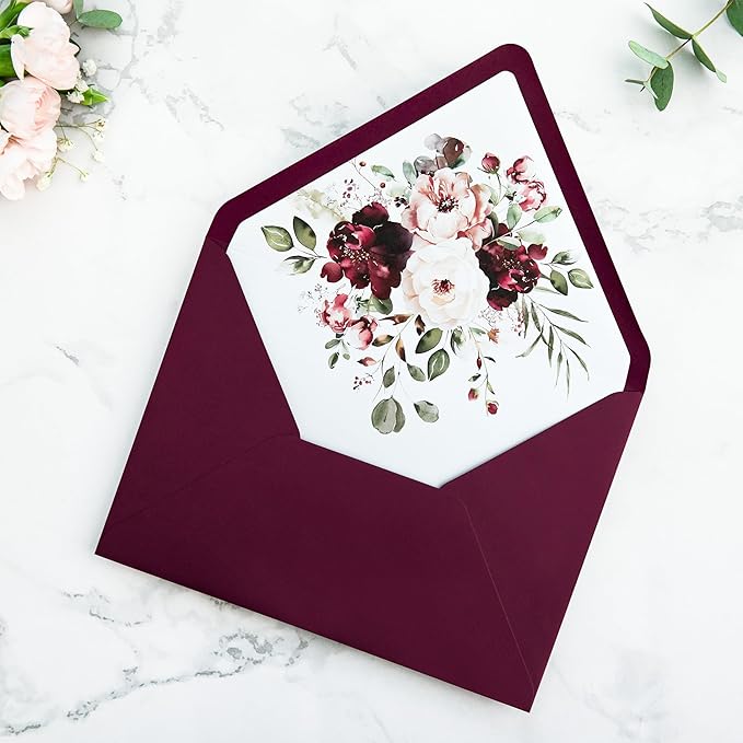 PONATIA 50PCS A7 Euro Flap Envelopes, 5.25 x 7.25'' Burgundy Flowers Liner Envelope for 5x7'' Wedding Invitation Cards, Christmas Gift Cards, Acrylic Invitations, Photos