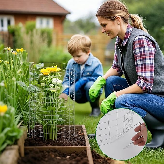 winemana 12 Set Garden Plant Protector Cage, 16x12 in Metal Wire Protectors for Plants, Protection Cages with Stakes & Nylon Ties, Animals Barrier to Keep Rabbit & Chicken Away from Flower Vegetables