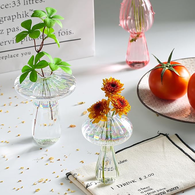 Plant Propagation Station, Set of 6 Clear Mushroom Vase, Propagation Stations, Small Plant Terrarium, Unique Crystal Mushroom Jars for Plants for Hydroponics Home Garden Office Decoration (Clear)