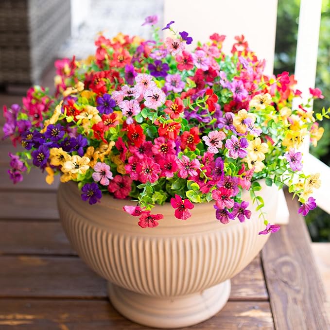 HyeFlora Artificial Flowers for Outdoor Indoor Garden Home Decoration, Faux Flower Daisy with Eucalyptus Leaves Fake Plants Greenery Boxwood Porch Patio, 12 Bundles (6 Multicolor)