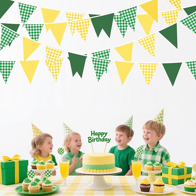 32Ft Yellow Green Party Decorations Green Yellow Gingham Banner Buffalo Plaid Checkered Triangle Flag Pennant Fabric Garland Streamers for Master Golf Birthday Baby Shower Picnic Golf Decor Supplies