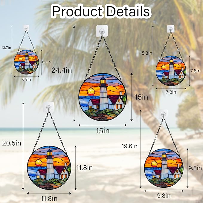 Stained Glass Window Hanging - Sea Lighthouse Suncatcher for Door Terrace Garden Home Decor Sunset Beach Scenery Sun Catcher Birthday Gifts for Lovers Women Men Dad Mom Nana 7.8 in