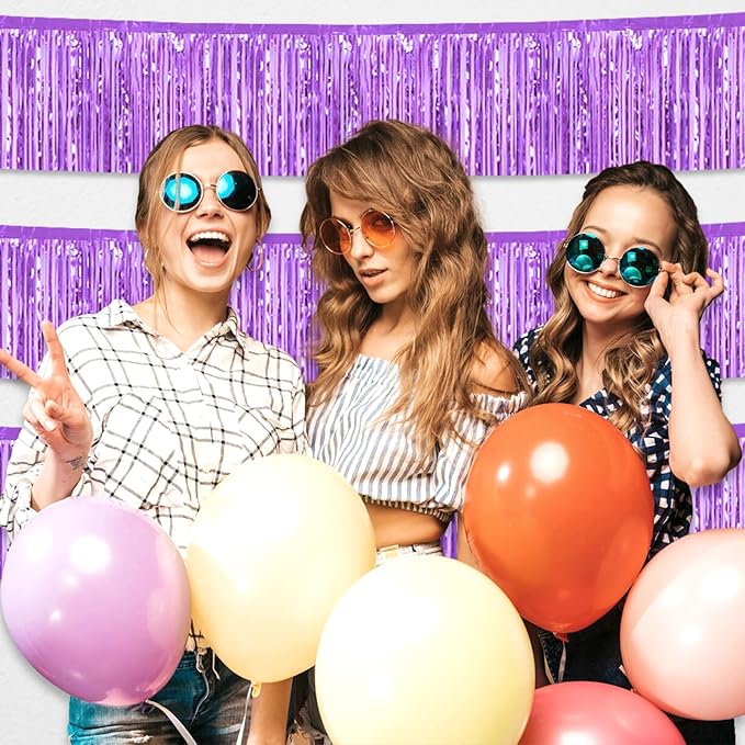 4 Pack 10 Feet Light Purple Foil Fringe Garland Metallic Tinsel Streamers Banner Wall Hanging Curtain Backdrop for Parade Floats, Wedding, Graduate, Mother's Day, Birthday Party Decoration