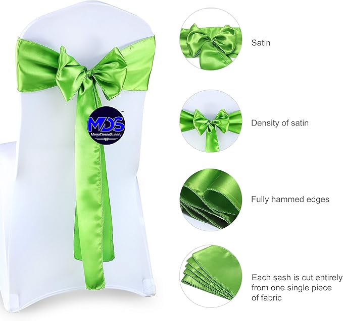 MDS Pack of 150 PCS Satin Chair Sashes Charmeuse Sateen Dining Chair Bows Ribbon Ties Back Sash for Wedding Party Birthday Home Hotel Restaurant Banquet Decoration (7 x 108 Inch, Parrot Green)