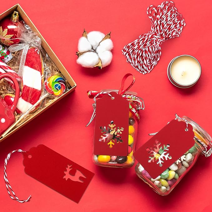 Aneco 150 Pieces Christmas Paper Gift Tags Red Kraft Tags Hang Labels Christmas Tree Snowflake Reindeer Design with 30 Meters Twine for Christmas DIY Wrapping Favor Holiday Present