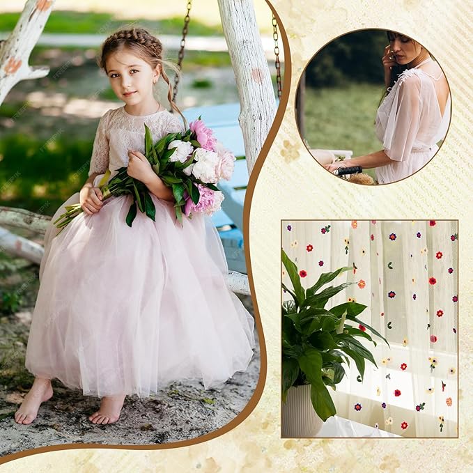 6PCS Champagne Floral Table Runner 10 FT, Embroidery Daisy Table Runners Seasonal Sheer Tulle Table Runner for Thanksgiving Wedding Birthday Baby Shower Party 