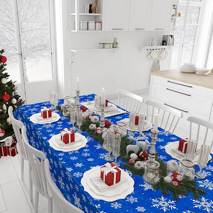 Jectivs 6 Pieces Christmas Snowflake Plastic Party Tablecloth Decorations,White Snowflake Blue Xmas Backdrop Sign Table Cover Banner for Winter Christmas Holiday Party Supplies,54x108 inch (Blue)